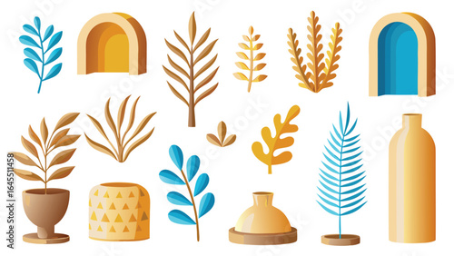Illustration featuring an assortment of botanical elements and decorative vases on a white background