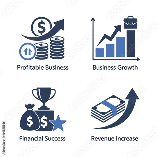 Illustrations depicting business growth, revenue increase, and financial success with upward arrows