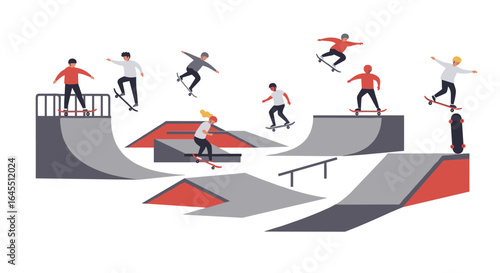 Diverse group enjoying skateboarding tricks at modern urban skate park
