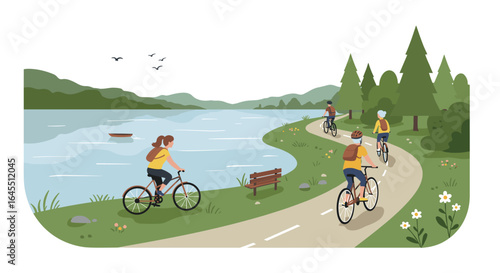 Scenic lakeside cycling path with cyclists in landscape