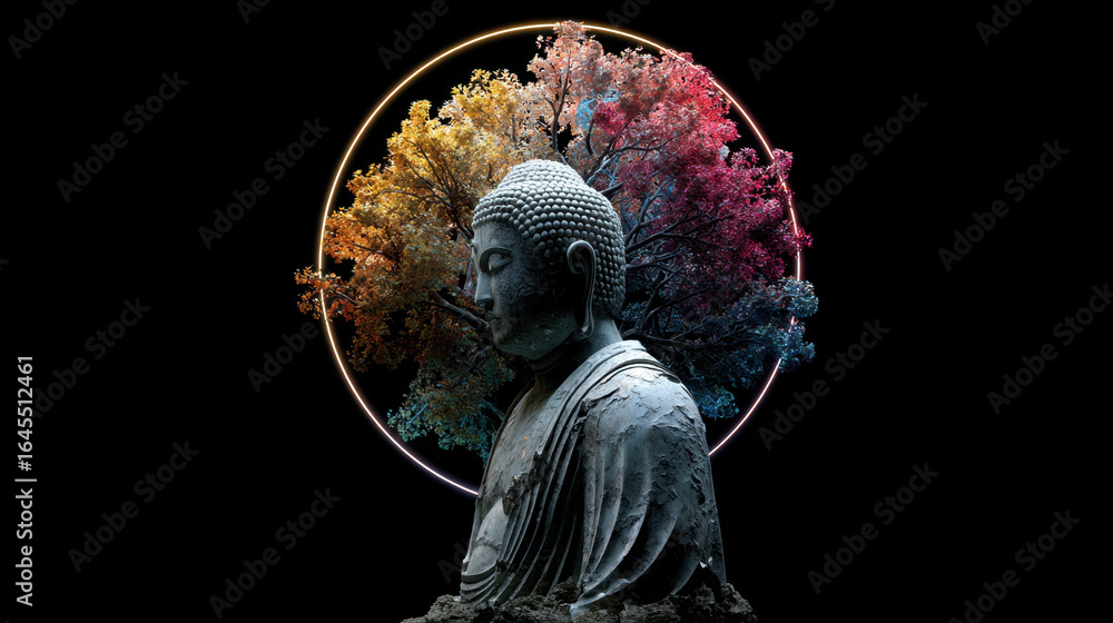 Obraz premium Buddha Statue with Glowing Sacred Tree and Circular Aura