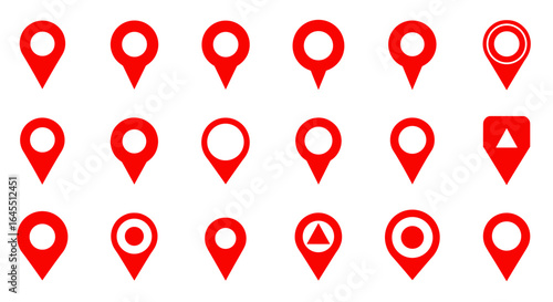 Red map markers set: minimalist location icons for navigation and gps