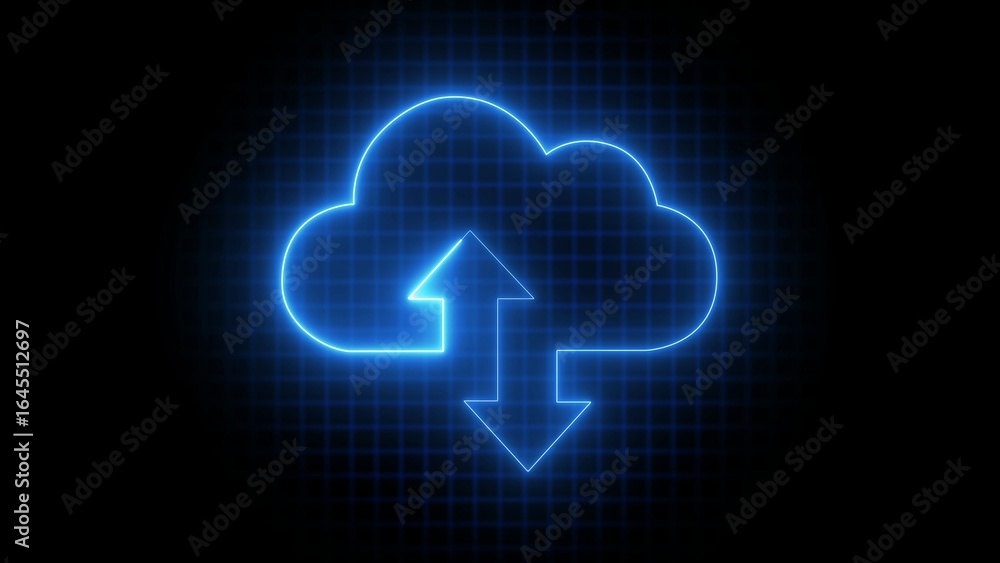 Neon blue cloud icon with upload and download arrows on a grid background data storage Neon blue cloud icon with upload and download arrows on a grid background data storage