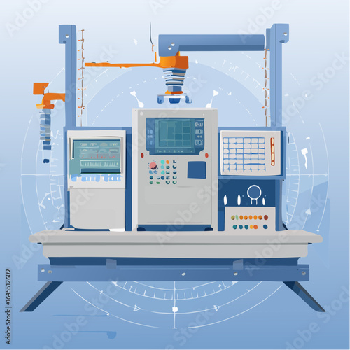 Modern industrial machinery with digital control panel and robotic arm