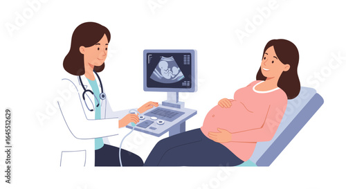 Doctor performing prenatal ultrasound examination on pregnant woman in medical office