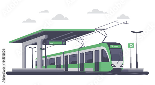 Modern green tram at city station with eco-friendly design and overcast sky