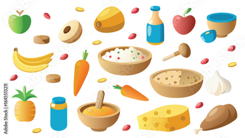 Illustration of various food items including fruits vegetables and dairy products in a cartoon style design