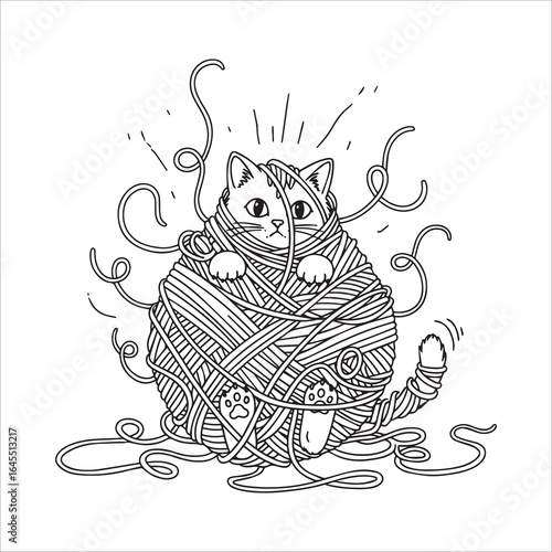 Vector art of a cute kitten is tangled in a ball of yarn isolated on white background