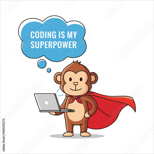 Vector art of monkey superhero with laptop says coding is my superpower on white background