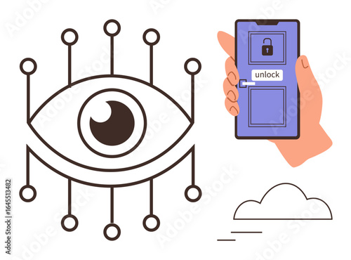 Stylized eye with circuits representing biometrics beside a smartphone unlocking via eye scan, cloud symbol below. Ideal for security, privacy, technology, innovation, biometrics, data access, cloud