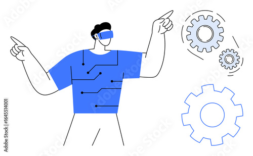 Male figure in VR headset pointing at connected gears, emphasizing innovation, teamwork, and futuristic concepts. Ideal for technology, virtual reality, engineering, teamwork, innovation learning