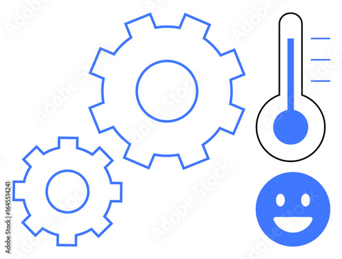 Two interlocking gears, a thermometer with rising levels, and a smiling face symbolizing efficiency, progress, and satisfaction. Ideal for teamwork, performance tracking, productivity tools, goal