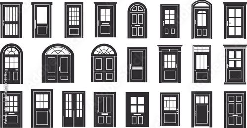 Set of black and white front door illustrations, classic architecture, vintage entrance, vector silhouettes, perfect for home design projects