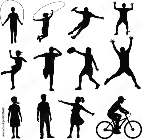 Silhouette illustration of active children and teens playing sports, biking, jumping, running, exercising, in black and white vector set