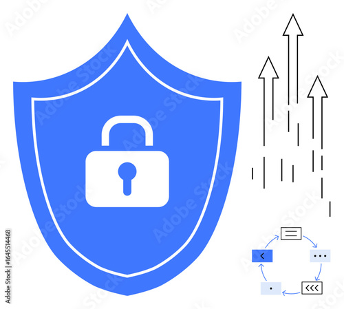 Blue shield with lock symbol representing security. Upward data arrows and process diagram depict data encryption, workflow security, and growth. Ideal for cybersecurity, data protection, encryption