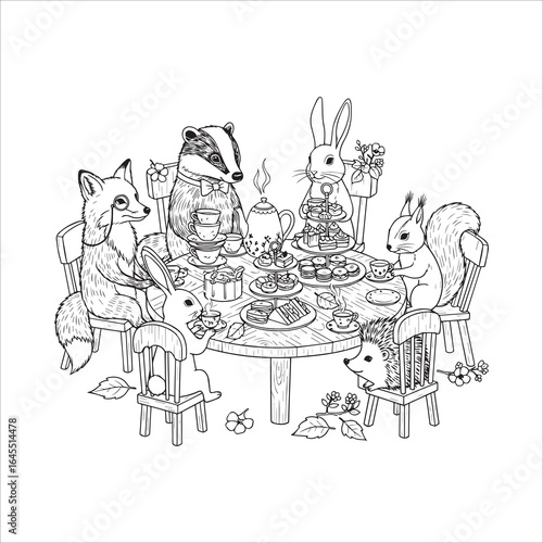 Vector art of woodland animals having a tea party at a table isolated on white background