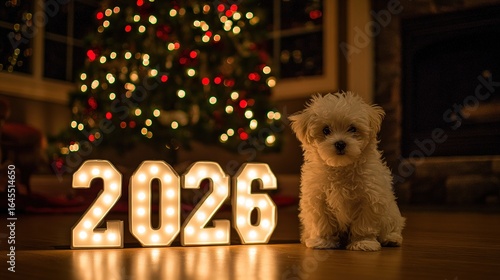 Happy New Year Puppy – Festive Pup in Party Hat, Surrounded by Confettis, Spreading Cheer in Lively New Year Celebration Scene