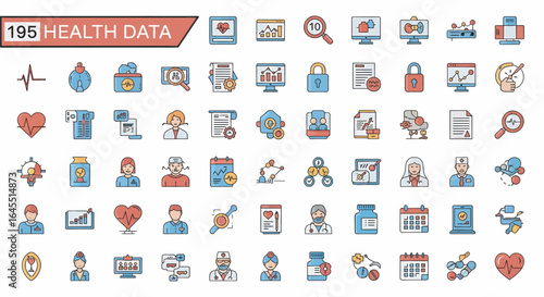 Collection of colorful line art icons representing health data, medical analysis, healthcare, and related concepts.