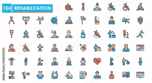 A collection of icons representing rehabilitation, disability, therapy, and medical assistance, displayed in a grid pattern with a blue banner at the top.