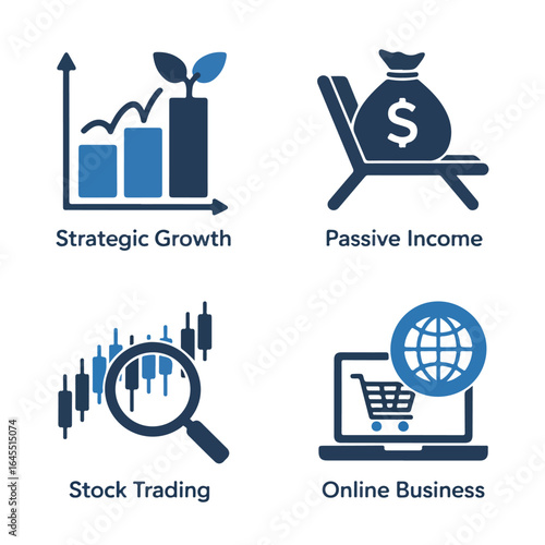 Icons showing strategic growth passive income stock trading and online business concepts presented