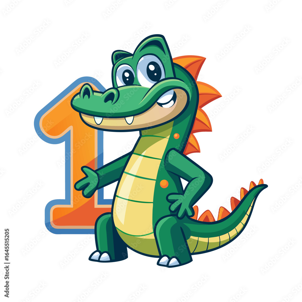 Fototapeta premium Playful Alligator Character Holding Big Number One | Cute Kids Animal Vector Illustration for Children’s Book, Nursery Art, Learning Materials