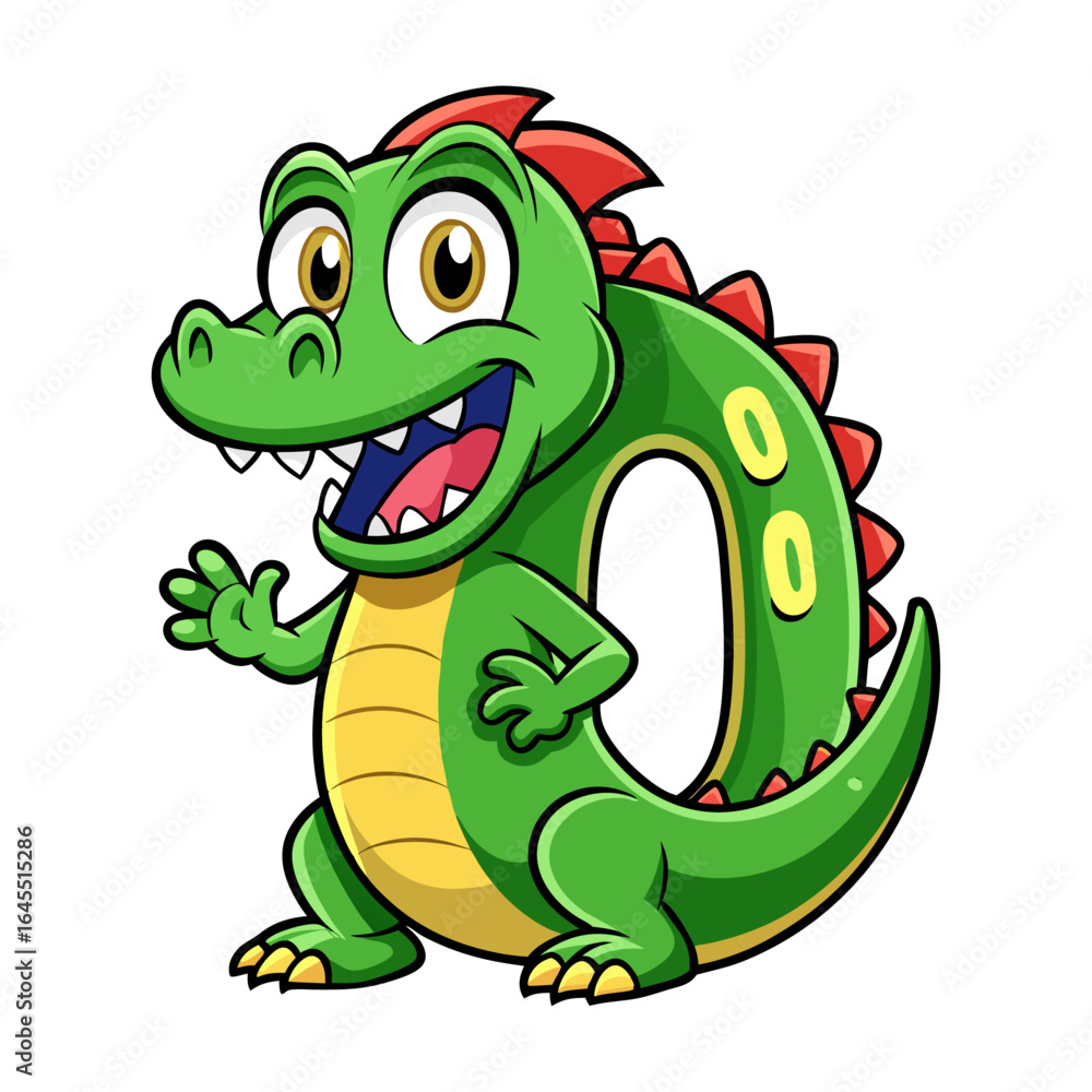 Fototapeta premium Playful cartoon alligator character holding giant number 0, fun educational animal vector for children’s book illustration and kids learning