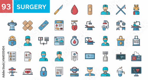 Collection of colorful, flat icons representing various surgical instruments, medical equipment, and personnel.