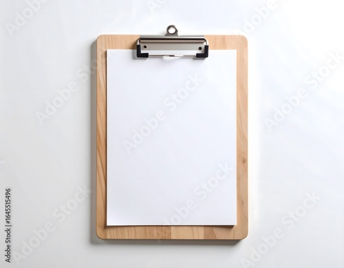 Top view of a wooden clipboard with a blank white sheet of paper attached, isolated on a white background for mockup or notes.