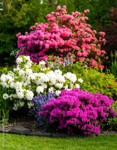 Lush garden bed showcasing vibrant azaleas in pink, white, and purple hues, complemented by smaller purple flowering plants