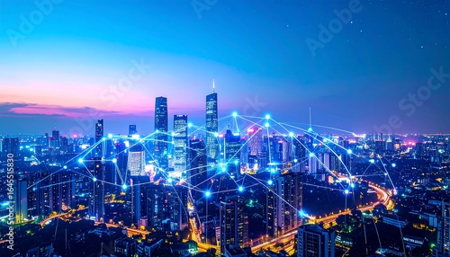 Wallpaper Mural Night cityscape with illuminated buildings and connecting lines suggesting a network Torontodigital.ca