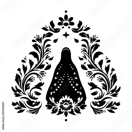 Decorative vector silhouette of Our Lady of Aparecida, surrounded by floral arabesques and ornamental patterns. Her mantle is adorned with stars.
