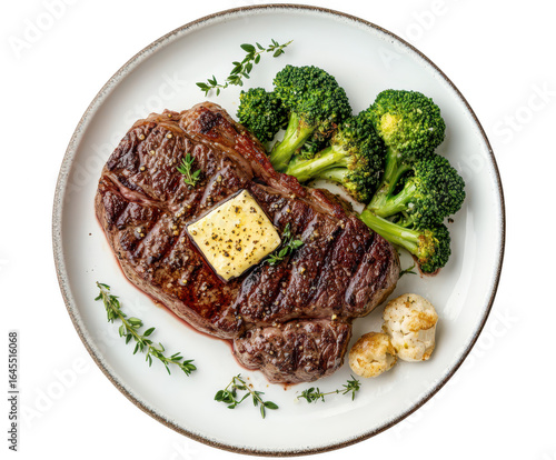 Grilled ribeye steak with broccoli and butter, isolated on transparent background