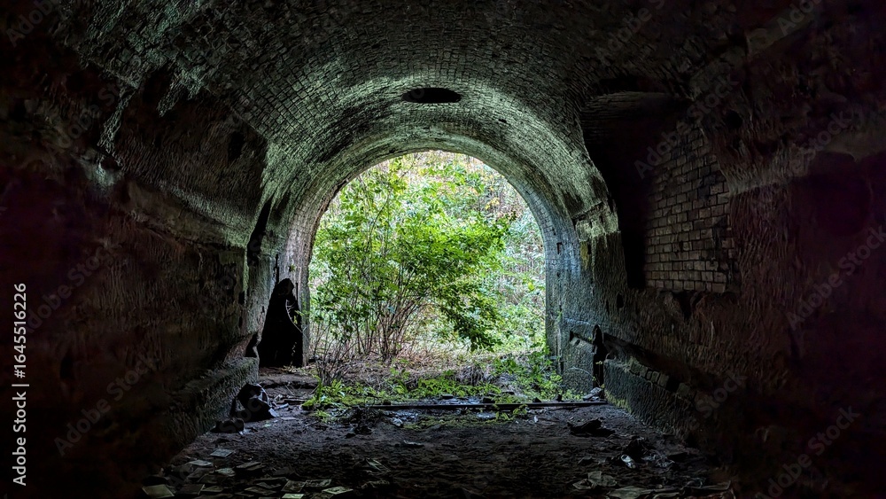 Fototapeta premium Light at the end of the tunnel. Stone brickwork arched entrance, trees in sunlight. Eerie darkness, shadows inside cave-like archway. Dark railway train tunnel, daylight foliage. Abandoned rail arch