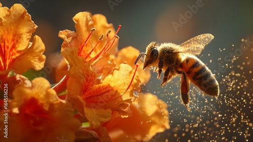 Honeybee in flight near vibrant orange blossoms.