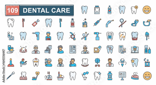 Collection of colorful line icons representing various dental care procedures and tools.