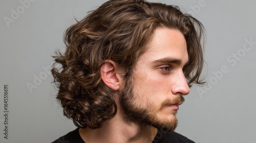 Profile portrait of a man with long wavy hair