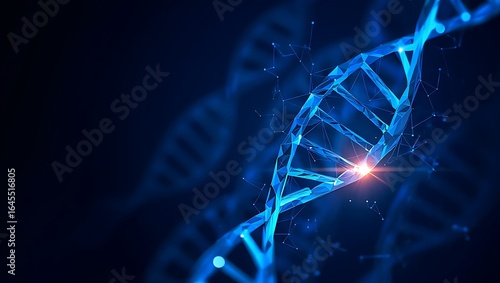 digital illustration of a glowing blue DNA double helix structure with a bright orange light on a dark scientific background