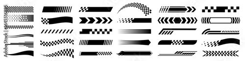 Racing stripes and checkered flags vector set.. checkered flag, finish line, motocross labels, dynamic lines, motorsport, racing stripe speed, sport decals, vehicle tuning stickers vector illustration