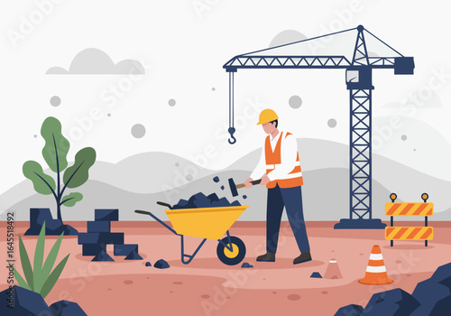 Construction worker with a hammer and wheelbarrow at a building site, with a large industrial tower crane in the background vector illustration.