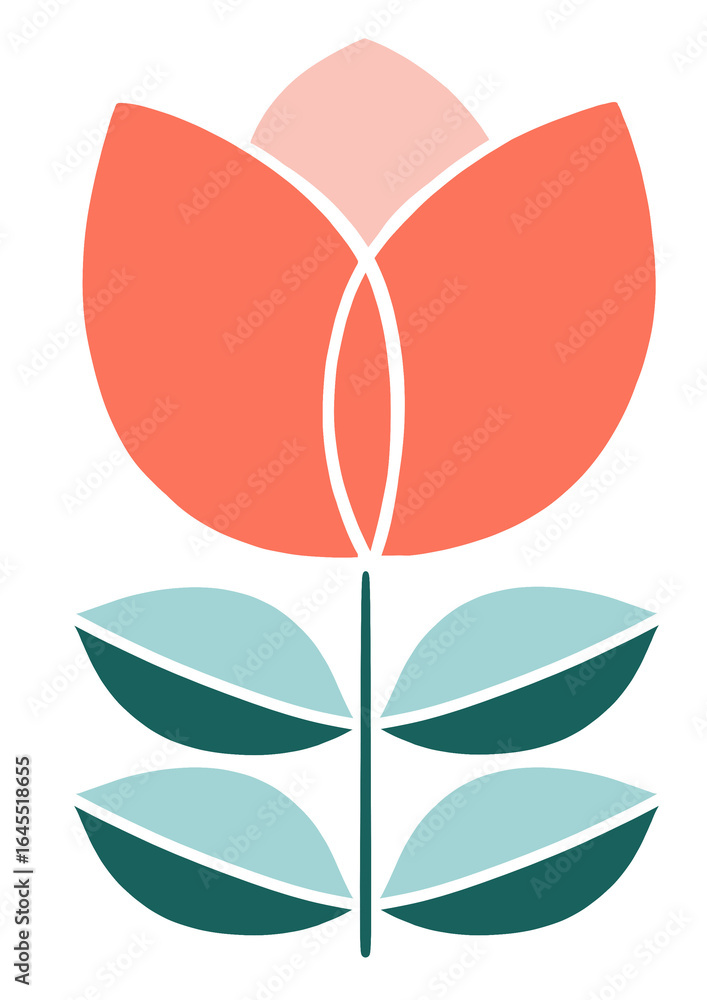 Minimal geometric flower illustration in coral, pink, and teal modern flat design Minimal geometric flower illustration in coral, pink, and teal modern flat design