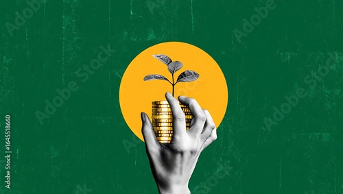 Conceptual Art of Financial Growth with Hand Holding Gold Coins and Sprouting Plant on Green Background