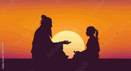 A spiritual guru imparting knowledge to a student at sunset creates serenity