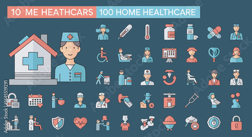 Collection of flat icons representing home healthcare services and medical equipment.