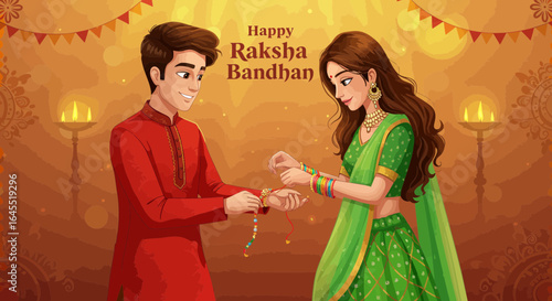 Cartoon illustration of brother and sister celebrating Raksha Bandhan festival