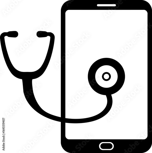 Telemedicine Icon. Simple black vector graphic of a stethoscope and smartphone for telehealth and online doctor concepts.