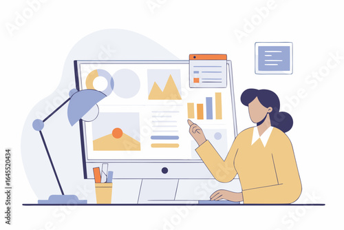 Confident professional analyzing data charts and graphs on computer screen, presenting business insights with clarity and focus in a modern workspace.