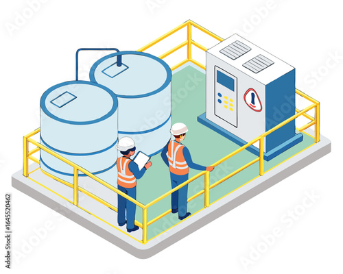 Engineer checking water quality at wastewater treatment pond, process monitoring concept, isometric isolated cartoon vector illustration.