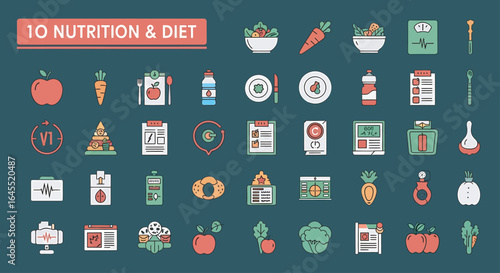 Collection of colorful, flat design icons representing various aspects of nutrition and diet.