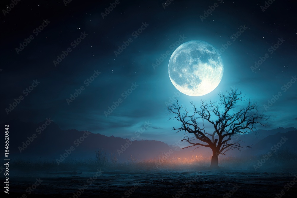 Fototapeta premium Full moon lights a bare tree in a misty landscape against dark mountains and a starry sky