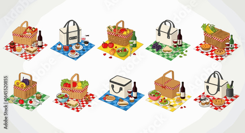 Collection of picnic baskets and tote bags with food and drinks arranged on checkered cloths in a row